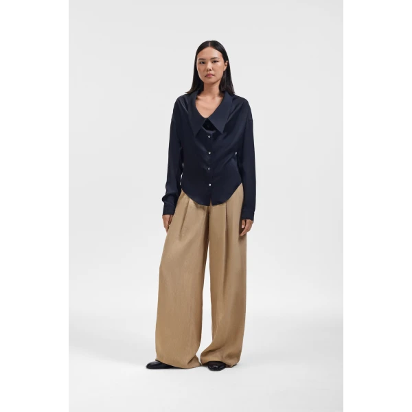 Viktor & Rolf Dragged Neck Satin Shirt in Black, view 2