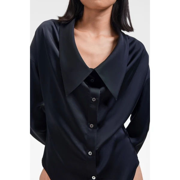 Viktor & Rolf Dragged Neck Satin Shirt in Black, view 5