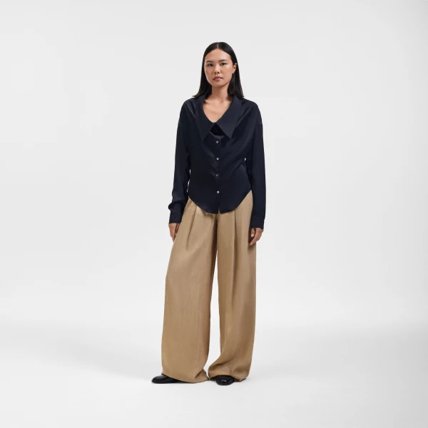 Viktor & Rolf Dragged Neck Satin Shirt in Black, view 6