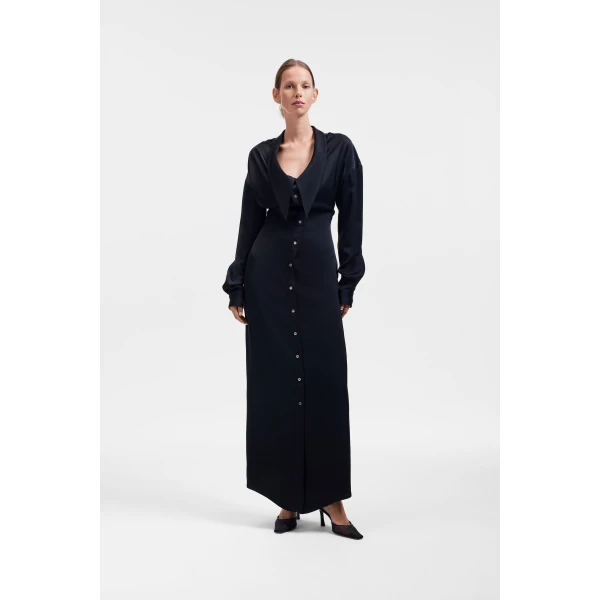 Viktor & Rolf Dragged Neckline Satin Shirt Dress in Black, view 2