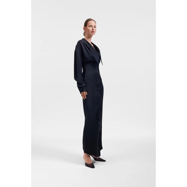 Viktor & Rolf Dragged Neckline Satin Shirt Dress in Black, view 4