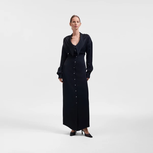 Viktor & Rolf Dragged Neckline Satin Shirt Dress in Black, view 5
