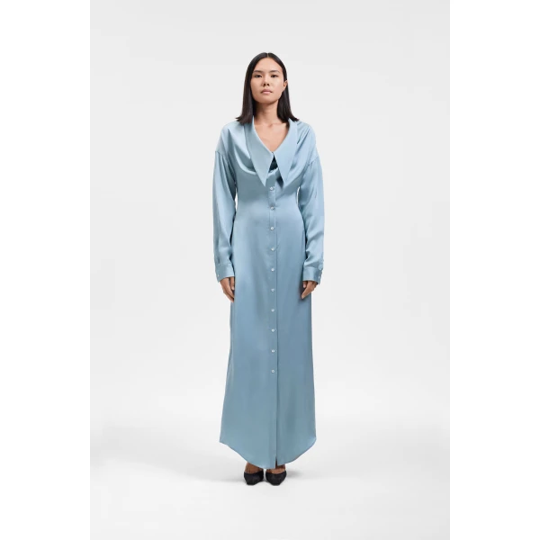 Viktor & Rolf Dragged Neckline Satin Shirt Dress in Light Blue, view 2