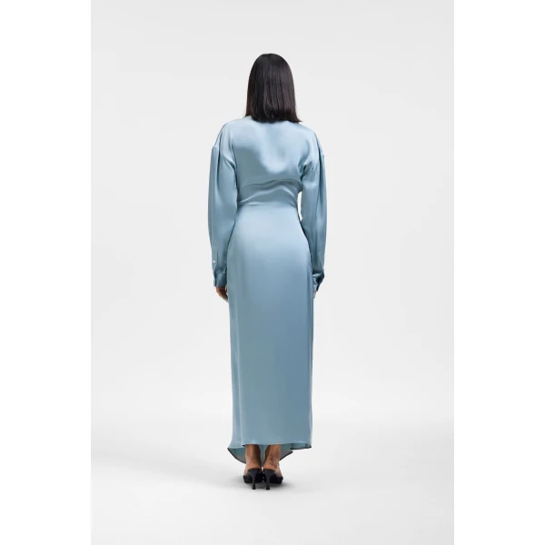 Viktor & Rolf Dragged Neckline Satin Shirt Dress in Light Blue, view 3