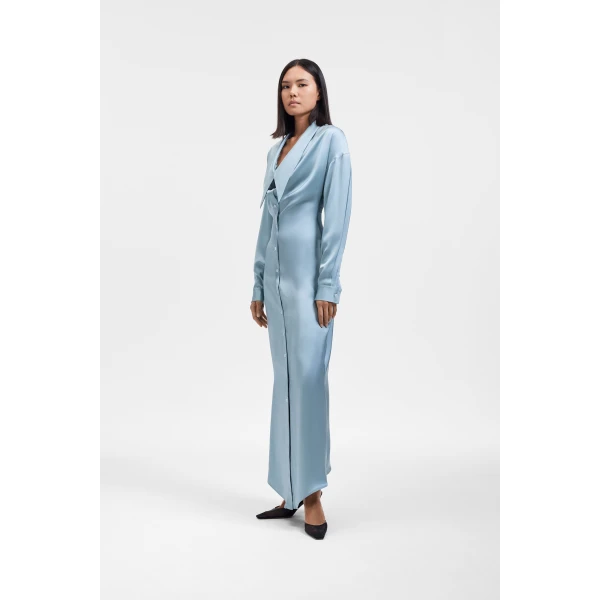 Viktor & Rolf Dragged Neckline Satin Shirt Dress in Light Blue, view 4