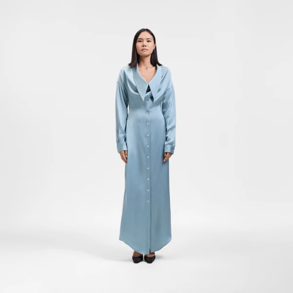 Viktor & Rolf Dragged Neckline Satin Shirt Dress in Light Blue, view 5