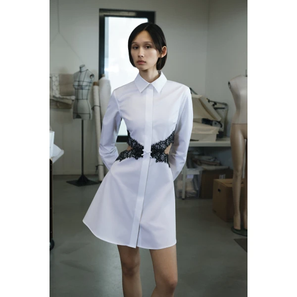 Viktor & Rolf Lace Cut Out Shirt Dress in White, view 6