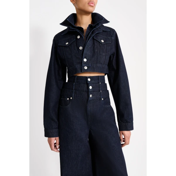 Viktor & Rolf Multi-Layered Cropped Denim Jacket in Dark Blue, view 5