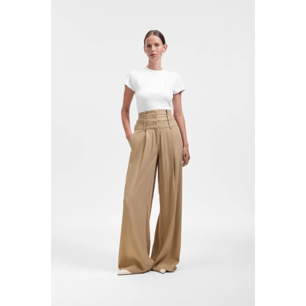 Viktor & Rolf Multi-Layered Linen Silk Blend Trousers in Beige, view 2
