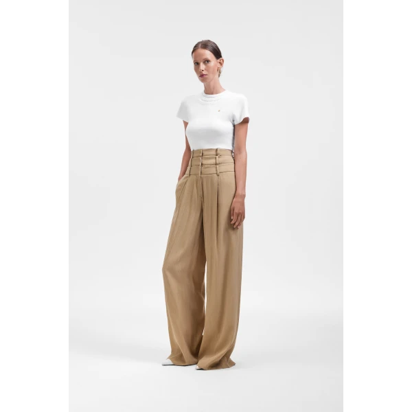 Viktor & Rolf Multi-Layered Linen Silk Blend Trousers in Beige, view 4