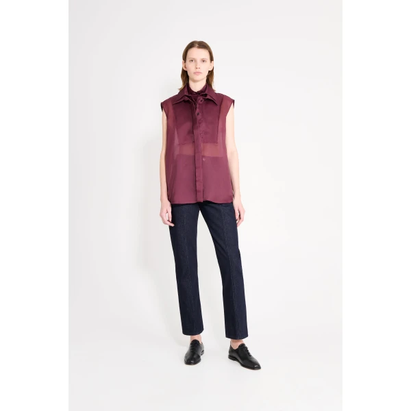 Viktor & Rolf Multi-Layered Sleeveless Organza Shirt in Burgundy, view 2