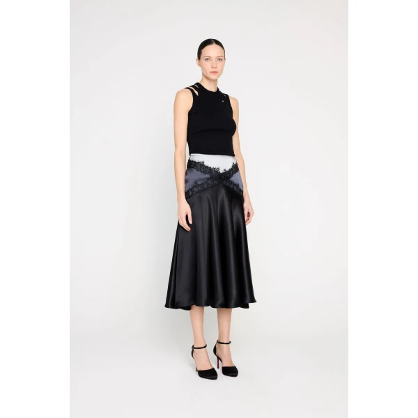 Viktor & Rolf Silk Lace Midi Skirt in Black, view 4