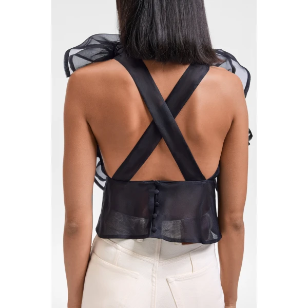 Viktor & Rolf Silk Volant Jabot Organza Top in Black, view 5