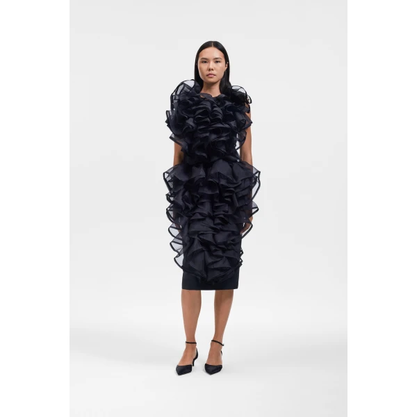 Viktor & Rolf Silk Volant Midi Skirt in Black, view 2