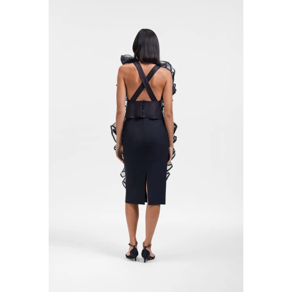 Viktor & Rolf Silk Volant Midi Skirt in Black, view 3