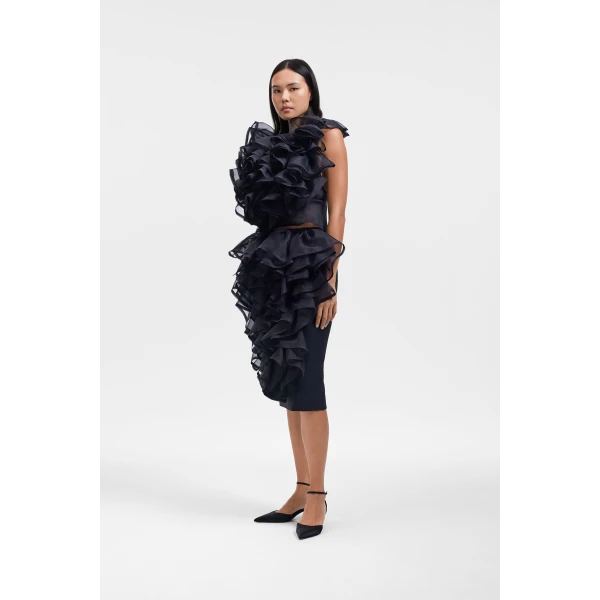 Viktor & Rolf Silk Volant Midi Skirt in Black, view 4
