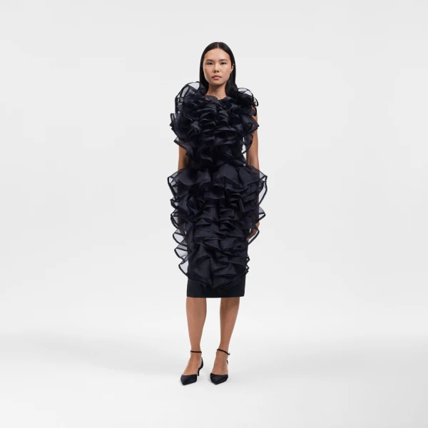 Viktor & Rolf Silk Volant Midi Skirt in Black, view 5