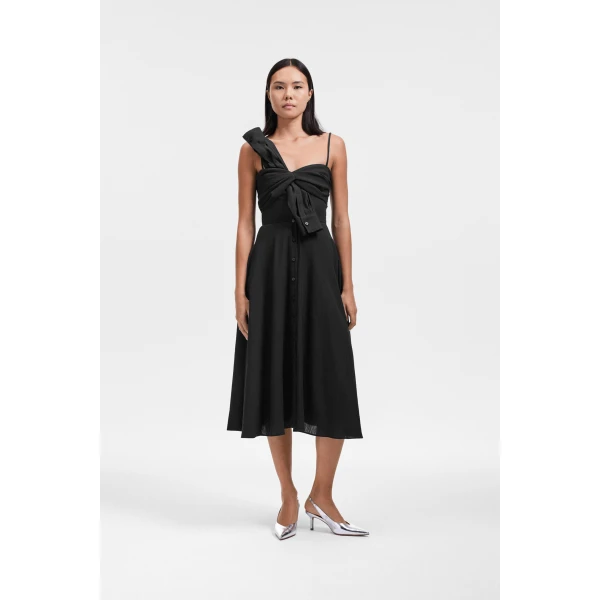 Viktor & Rolf Sleeve Tie Flare Poplin Dress in Black, view 2