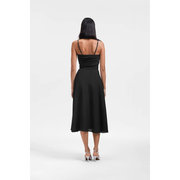 Viktor & Rolf Sleeve Tie Flare Poplin Dress in Black, view 3