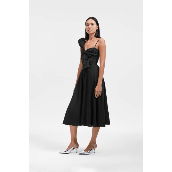 Viktor & Rolf Sleeve Tie Flare Poplin Dress in Black, view 4
