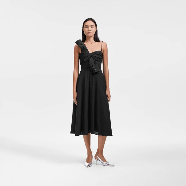 Viktor & Rolf Sleeve Tie Flare Poplin Dress in Black, view 5