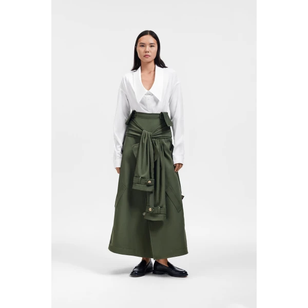 Viktor & Rolf Sleeve Tie Gabardine Midi Skirt in Green, view 2