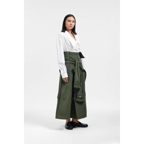 Viktor & Rolf Sleeve Tie Gabardine Midi Skirt in Green, view 4