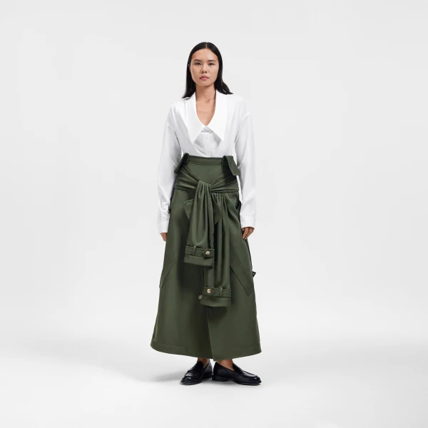 Viktor & Rolf Sleeve Tie Gabardine Midi Skirt in Green, view 5
