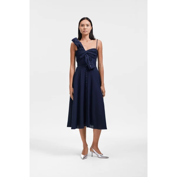 Viktor & Rolf Sleeve Tie Linen-Silk Blend Dress in Dark Blue, view 2