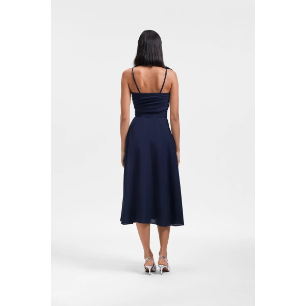 Viktor & Rolf Sleeve Tie Linen-Silk Blend Dress in Dark Blue, view 3