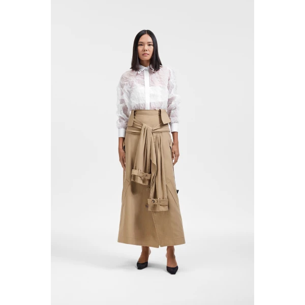 Viktor & Rolf Sleeve Tie Linen-Silk Blend Midi Skirt in Beige, view 2