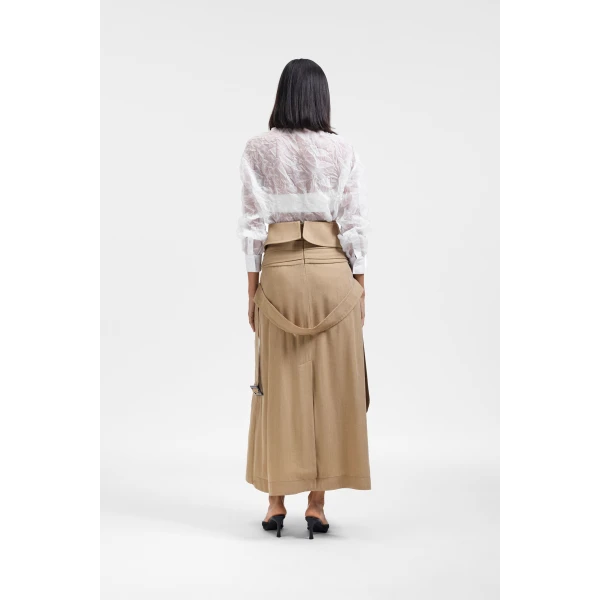 Viktor & Rolf Sleeve Tie Linen-Silk Blend Midi Skirt in Beige, view 3