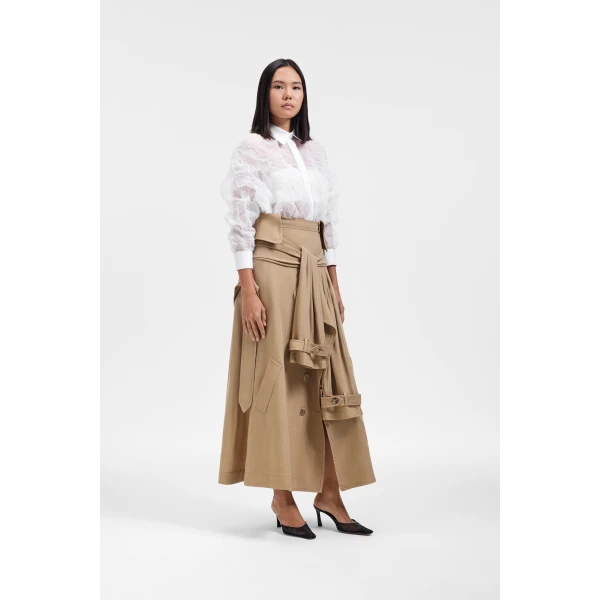 Viktor & Rolf Sleeve Tie Linen-Silk Blend Midi Skirt in Beige, view 4