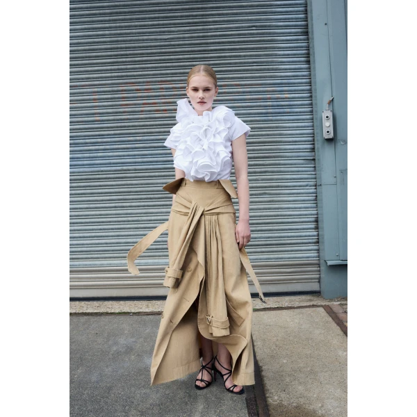Viktor & Rolf Sleeve Tie Linen-Silk Blend Midi Skirt in Beige, view 6