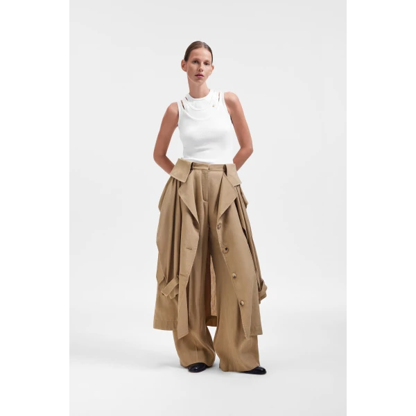 Viktor & Rolf Sleeve Tie Linen-Silk Blend Wrap Trousers in Beige, view 2
