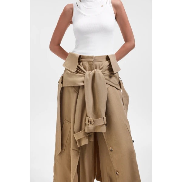 Viktor & Rolf Sleeve Tie Linen-Silk Blend Wrap Trousers in Beige, view 5