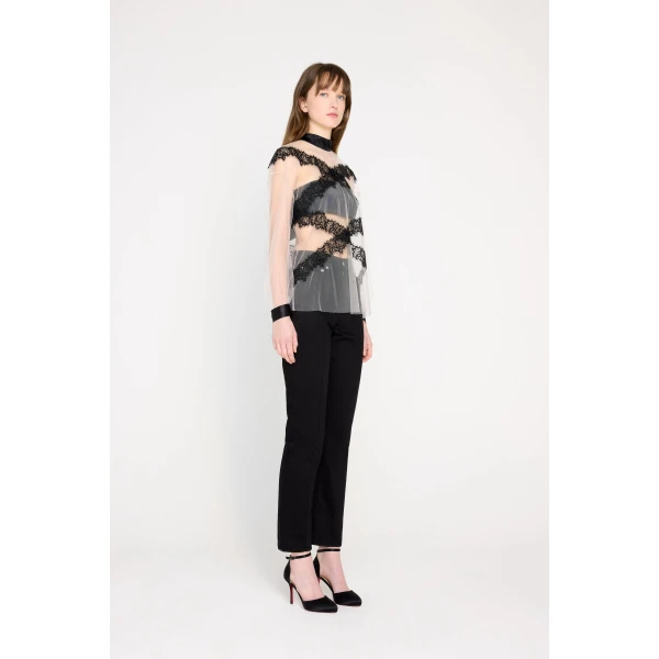 Viktor & Rolf Tulle & Lace Long Sleeve Blouse in Grey, view 4