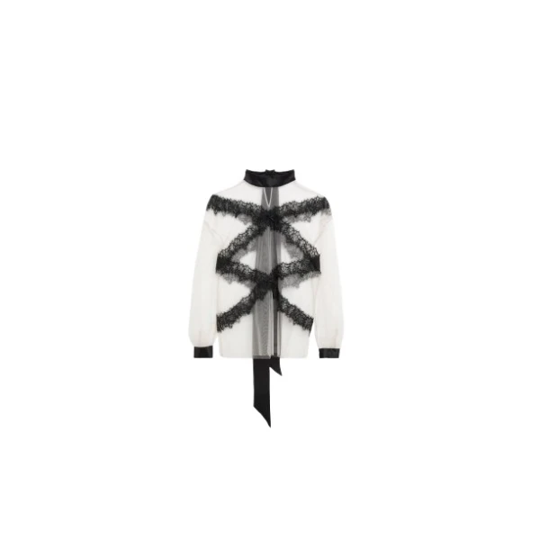 Viktor & Rolf Tulle & Lace Long Sleeve Blouse in Grey
