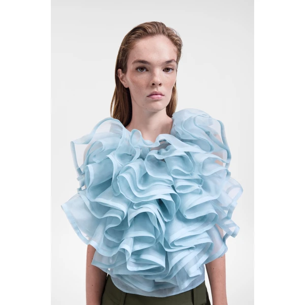 Viktor & Rolf Volant Jabot Organza Top in Light Blue, view 5