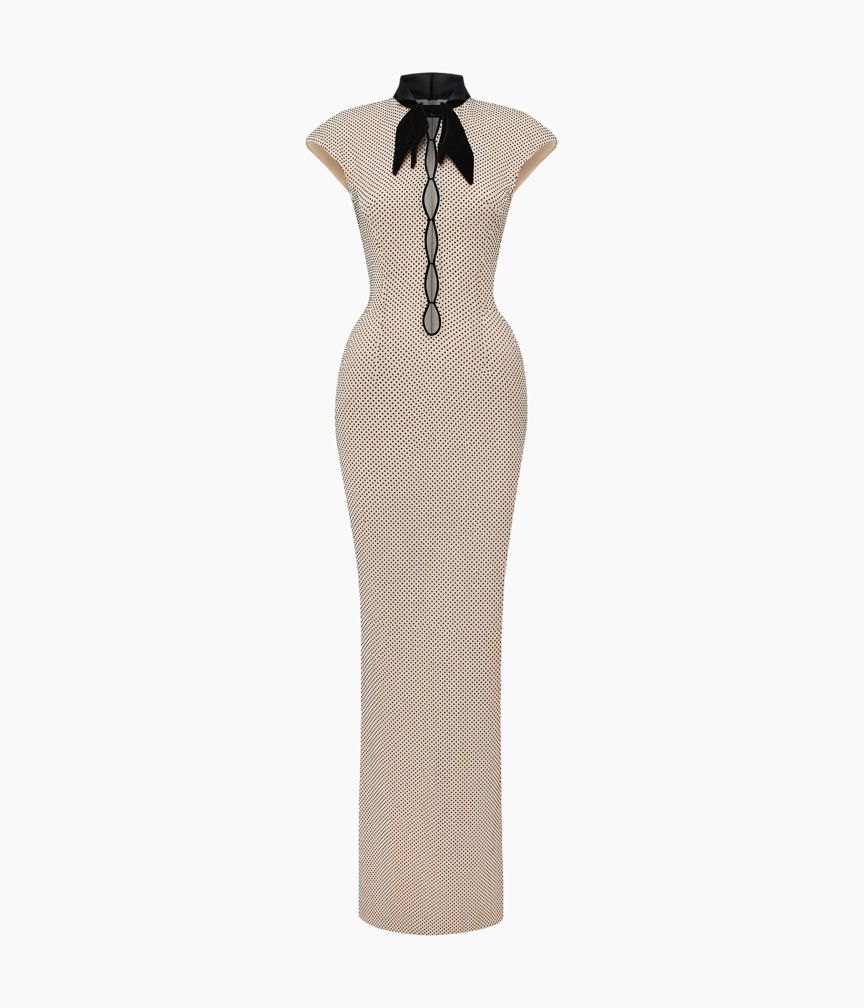 Crystal-Embellished Maxi Dress with Sculptural Pannier Panels in Beige