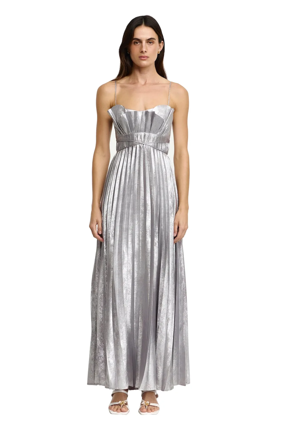 Acler Kelsale Maxi Dress in Silver Metallic, Metallic Dresses