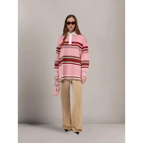 Amiri Striped Oversized Long Sleeve Polo in Pink Top, view 2