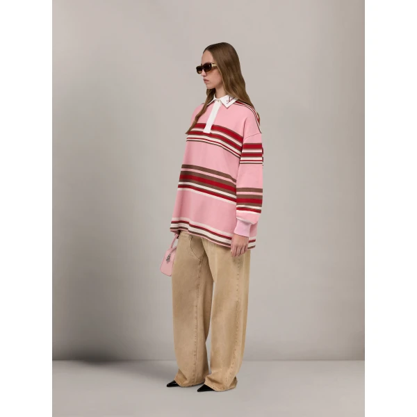 Amiri Striped Oversized Long Sleeve Polo in Pink Top, view 3
