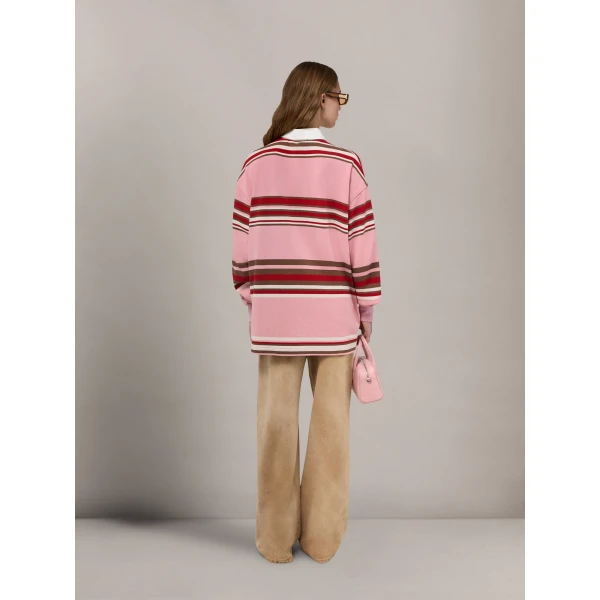 Amiri Striped Oversized Long Sleeve Polo in Pink Top, view 4