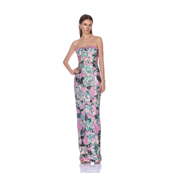 Bronx and Banco Calypso Sequin Dahlia Strapless Maxi Dress