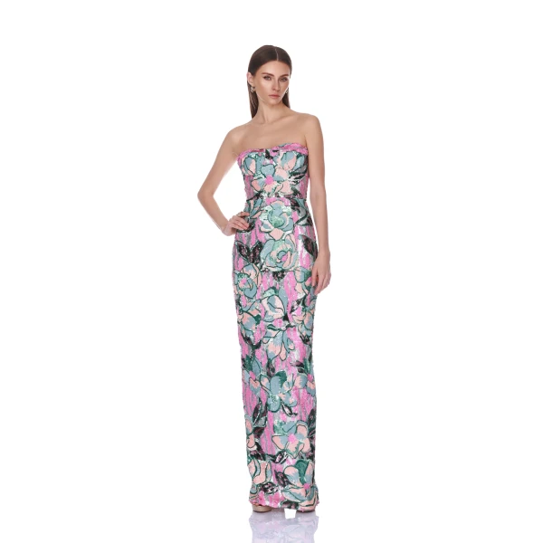 Bronx and Banco Calypso Sequin Dahlia Strapless Maxi Dress