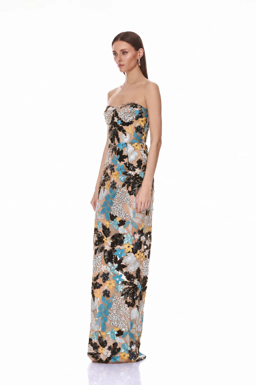 Bronx and Banco Dahlia Strapless Blue Yellow Multi Maxi Dress