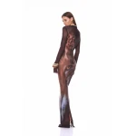 Bronx and Banco Leopard Long Sleeve Sheer Mesh Maxi Dress