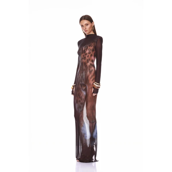 Bronx and Banco Leopard Long Sleeve Sheer Mesh Maxi Dress, view 2
