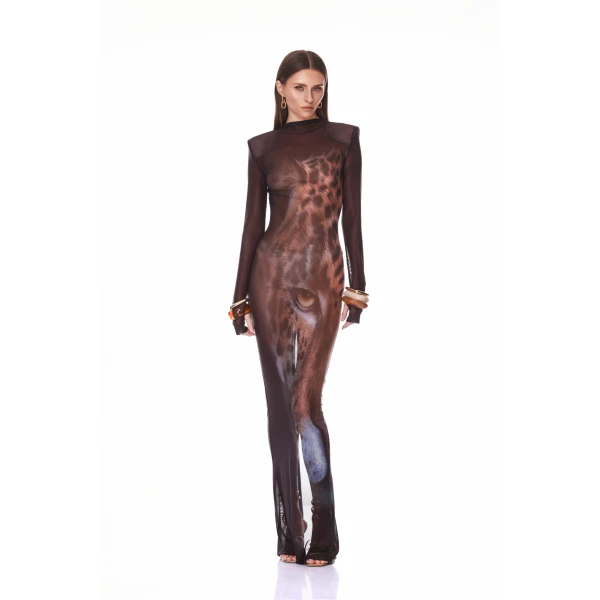 Bronx and Banco Leopard Long Sleeve Sheer Mesh Maxi Dress, view 3